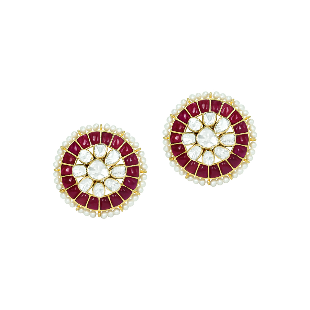 Ruby Coloured Talaf Studs with Polki Cluster and Pearl Detailing